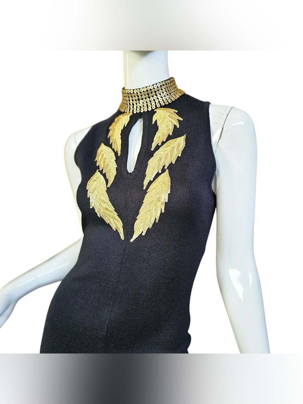 Bob Mackie Grecian Appliqué Sequin Leaf Choker Keyhole Cocktail Maxi Dres - Picture 8 of 13
